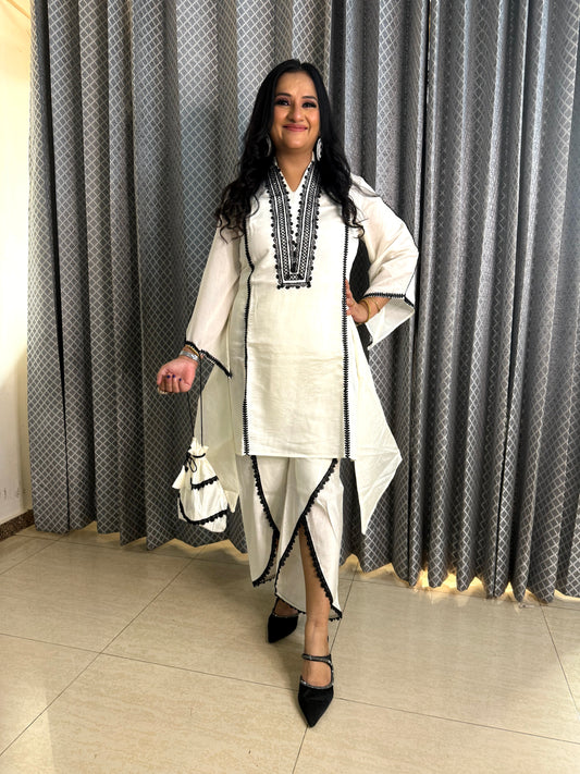 White Coord Set With Dhoti And Potli - SJ Fashions