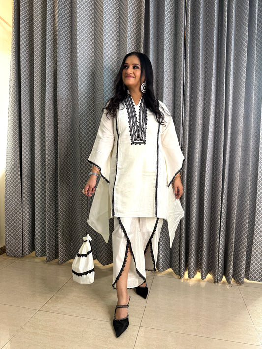 White Coord Set With Dhoti And Potli - SJ Fashions