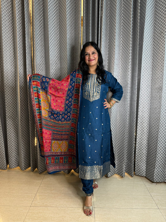 Teal Banarsi Suit With Digital Printed Duppatta