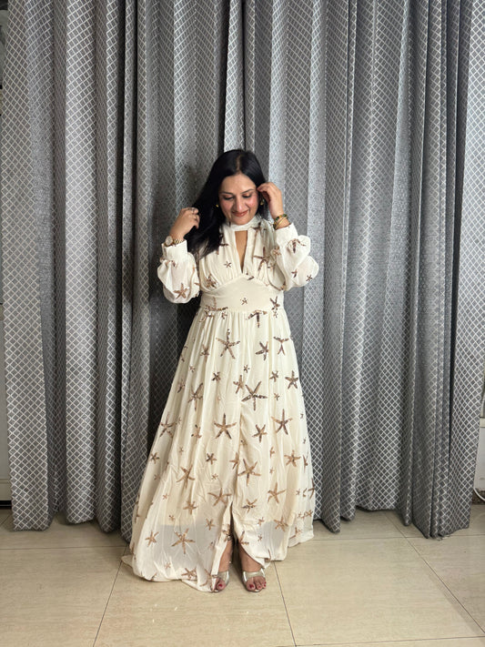 Party Wear Star White Gown - SJ Fashions