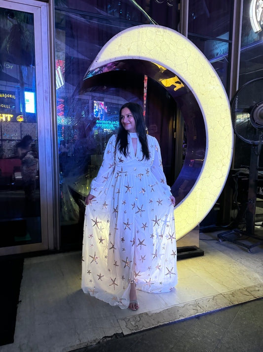 Party Wear Star White Gown - SJ Fashions