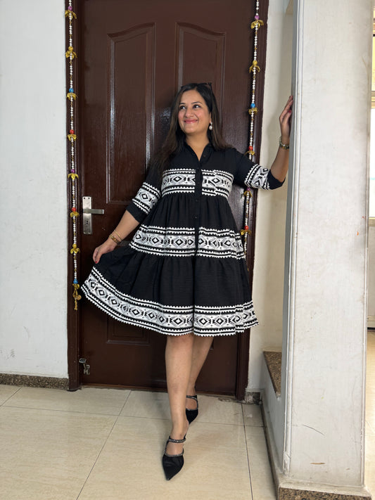 'BREEZE' Black Embroidered Cotton Dress