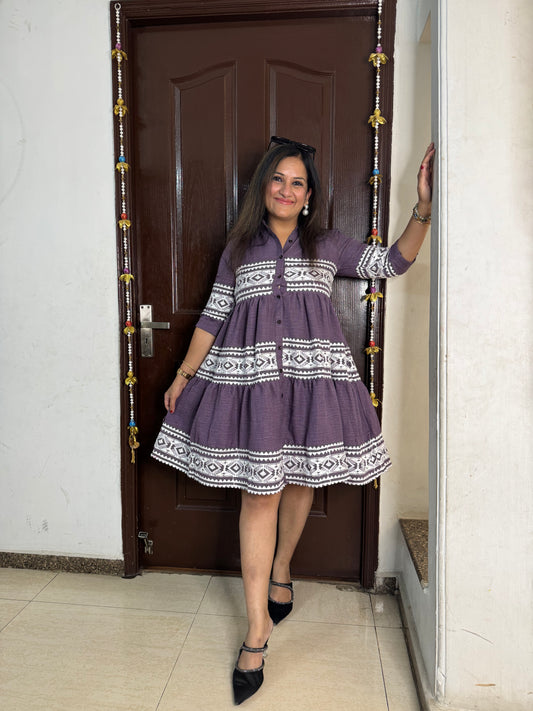 'BREEZE' Lilac Embroidered Cotton Dress