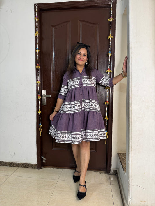 'BREEZE' Lilac Embroidered Cotton Dress