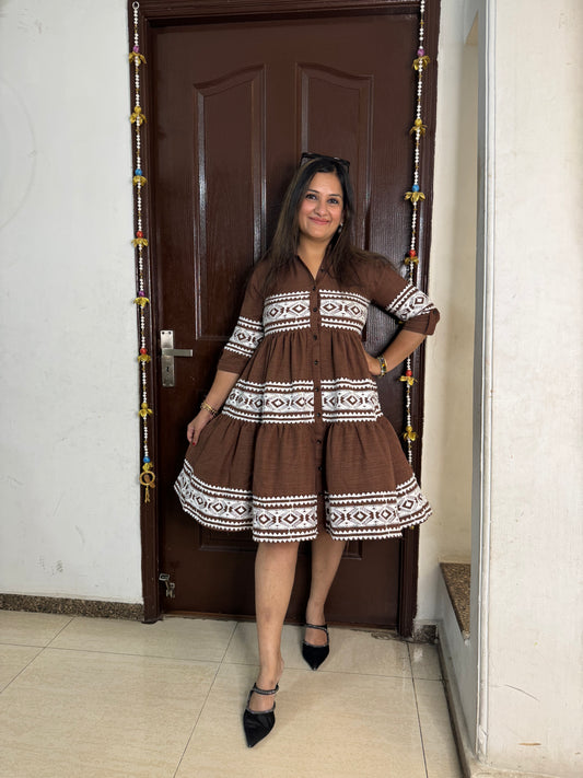 'BREEZE' Brown Embroidered Cotton Dress