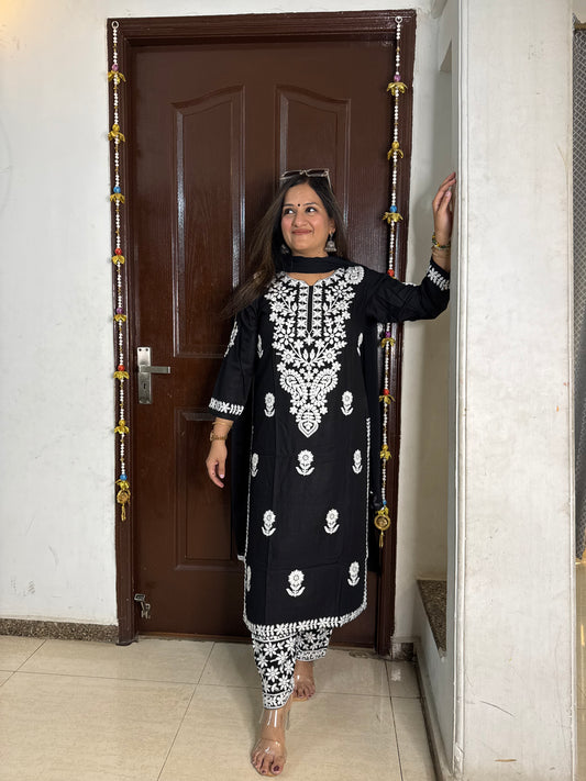 'NAZAKAT' Black Chikankari 3 pc Suit