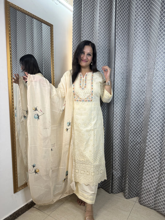 TARA Schiffli Three Piece Set |Elegant Embroidered Ethnic Wear for Women | SJ Fashions