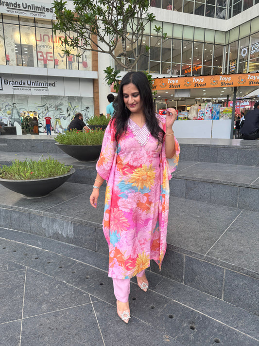 Pink Kaftaan Set With Mirror Work - SJ Fashions