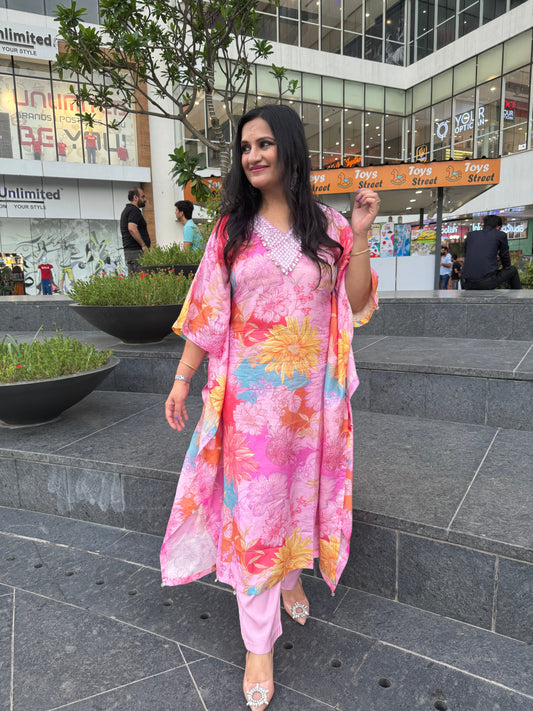 Pink Kaftaan Set With Mirror Work - SJ Fashions