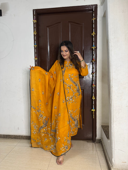 'EMILY' Mustard Kantha Work Suit