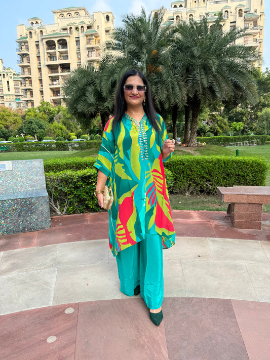 Printed Green Kaftaan With Plazo - SJ Fashions