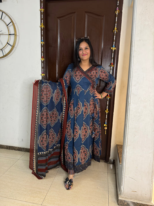 'KALAMIKA' Blue Cotton 3 PC Suit - SJ Fashions