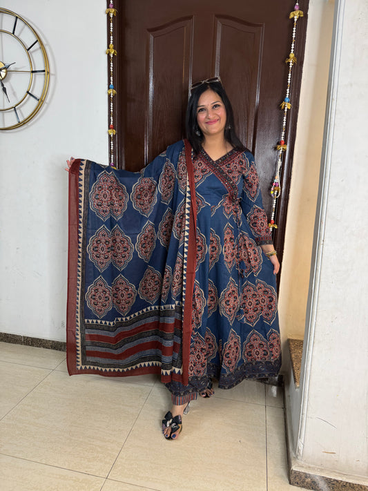'KALAMIKA' Blue Cotton 3 PC Suit - SJ Fashions