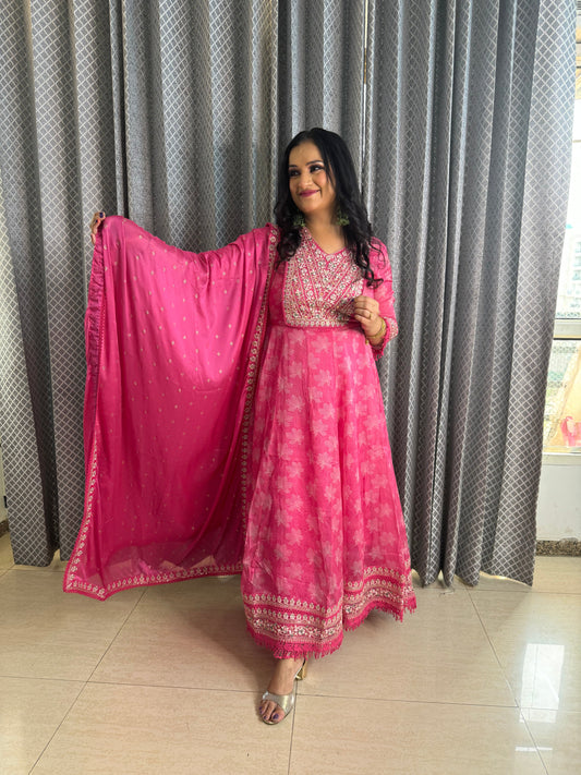 Pink Anarkali Suit With Hand Work - SJ Fashions