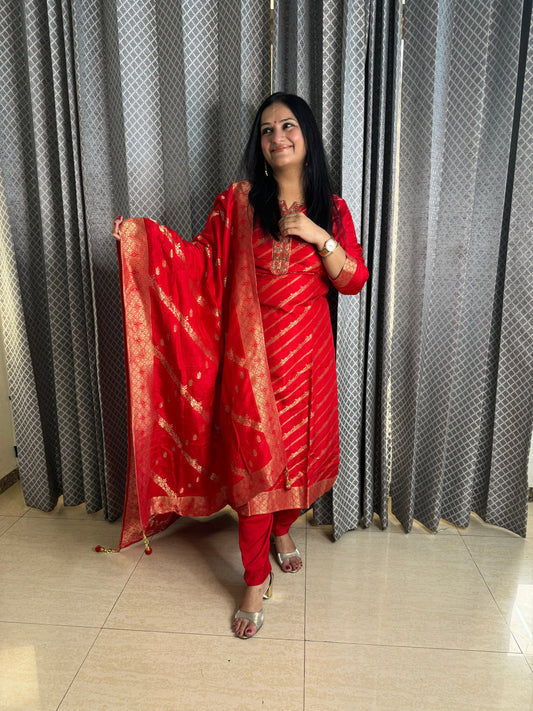 Red Silk Suit With Banarasi Duppatta - SJ Fashions