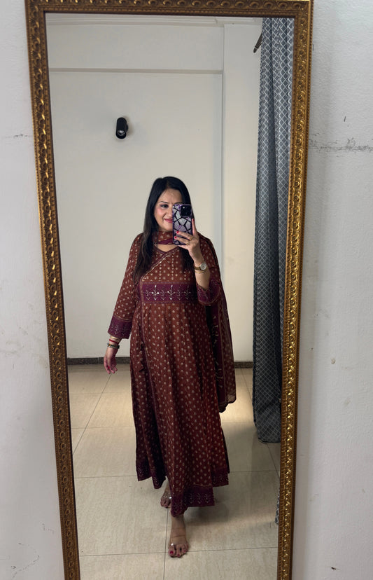 Anarkali suit front view in breathable cotton fabric