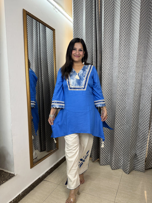 Blue cotton co ord set for women outdoor casual brunch and daily wear look