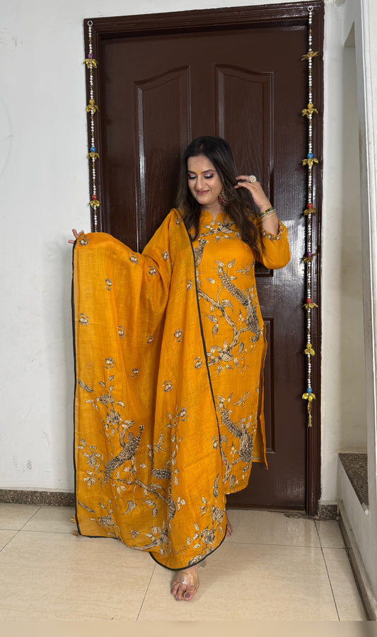 'EMILY' Mustard Kantha Work Suit