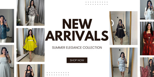Promotional banner for 'New Arrivals' with images of women in various outfits and a call to action to shop now.