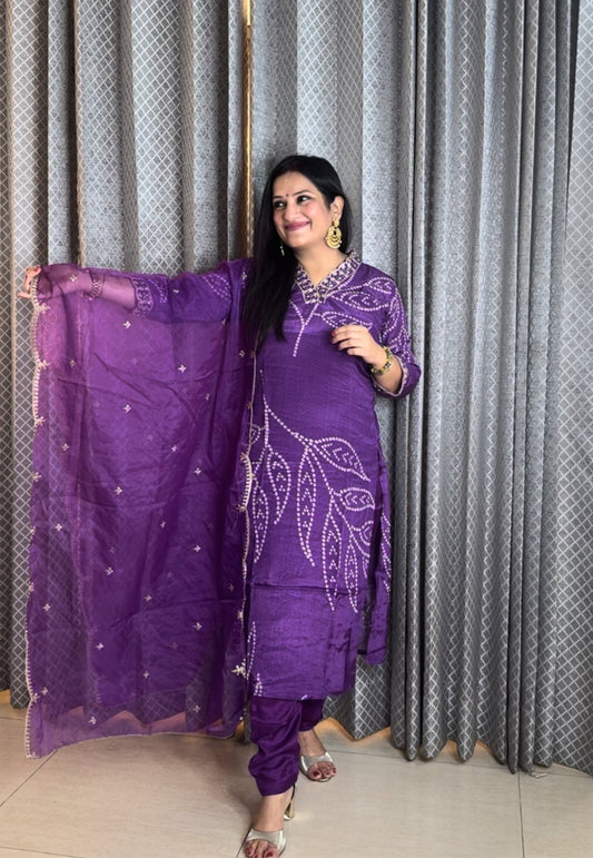 Purple Bandhani Suit With Organza Dupatta