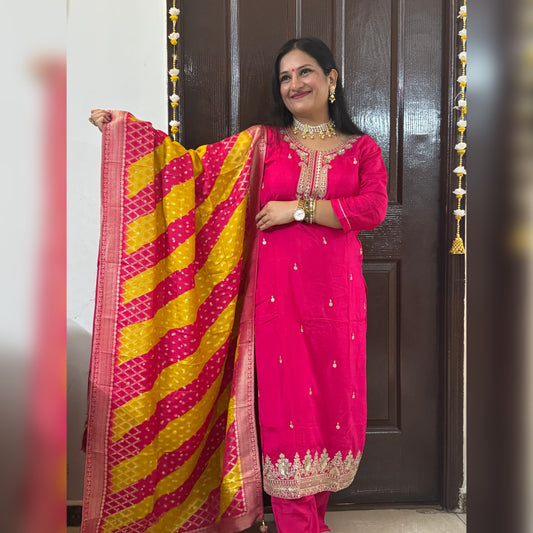 Hot Pink Dola Suit With Double Color Dupatta