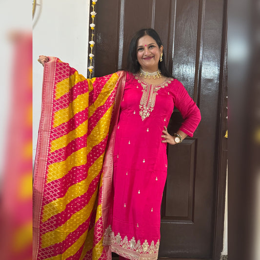 Hot Pink Dola Suit With Double Color Dupatta