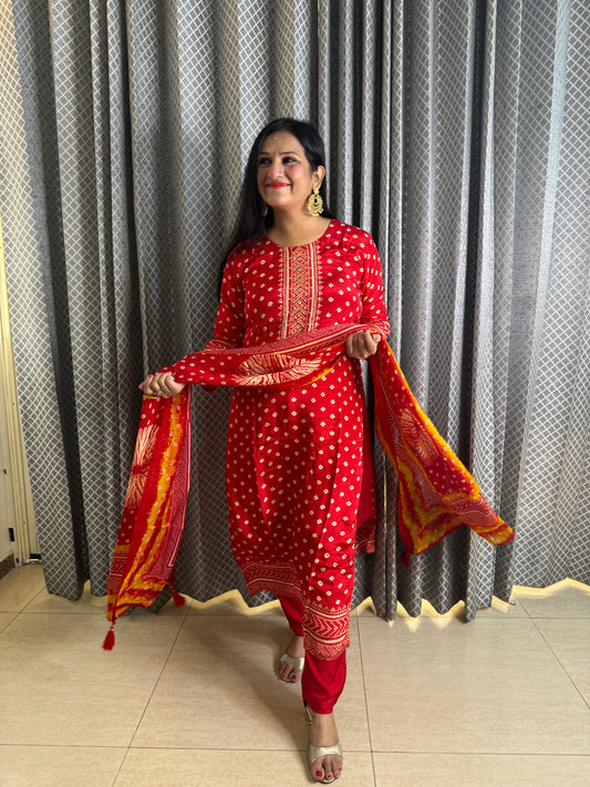 Red Crepe Bandhani Suit