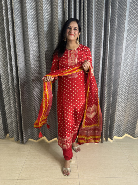 Red Crepe Bandhani Suit