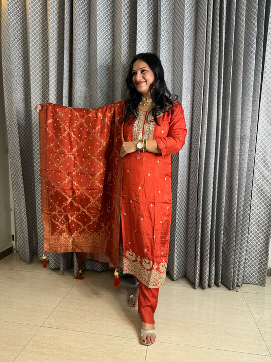 Orange Silk Suit With Banarasi Dupatta