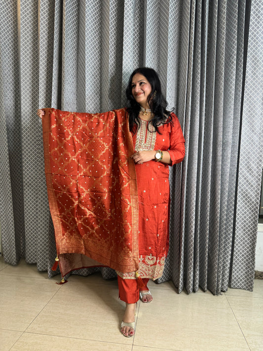 Orange Silk Suit With Banarasi Dupatta