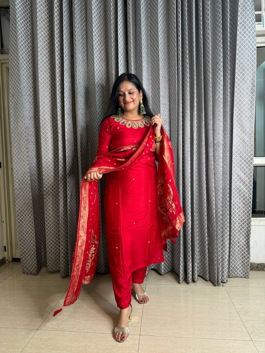 Red Boat Neck Silk Suit with Banarasi Duppatta