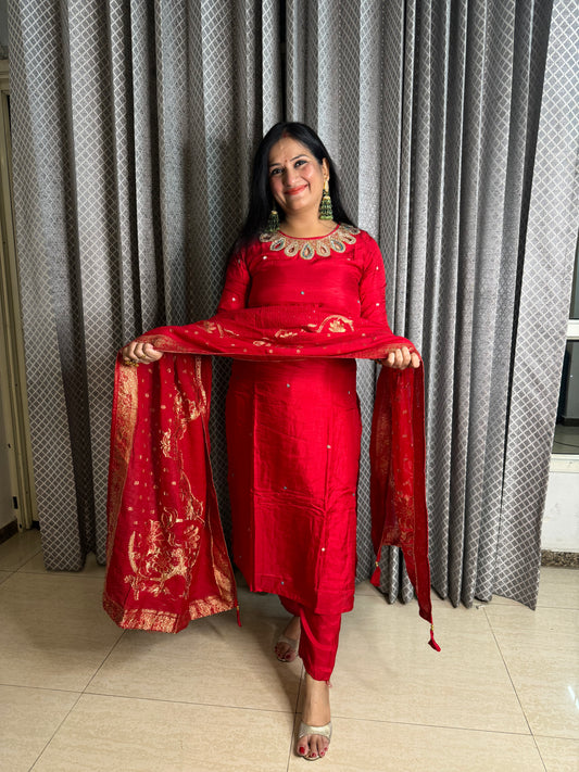 Red Boat Neck Silk Suit with Banarasi Duppatta