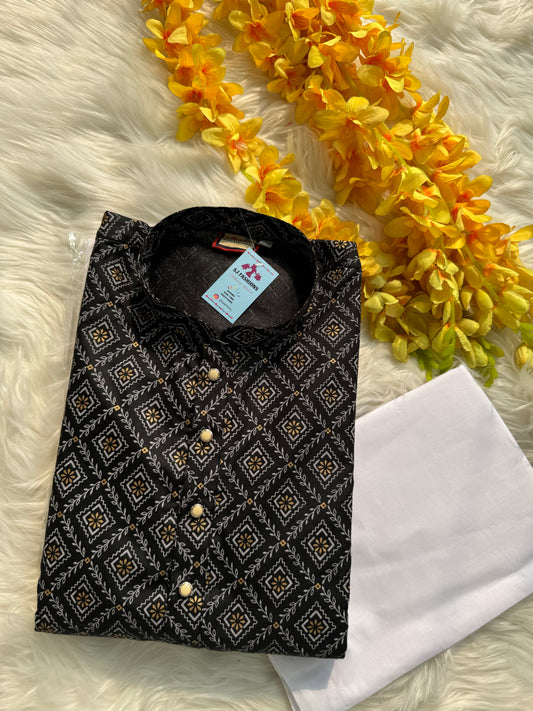 Mens Printed Black Kurta With White Pants