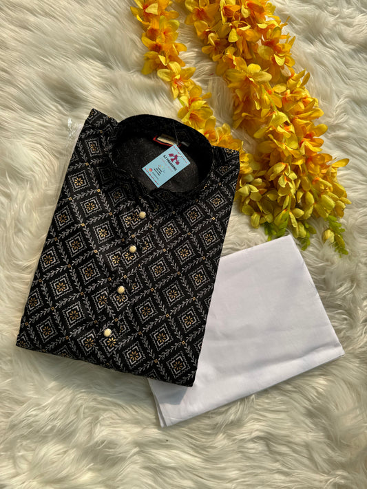 Mens Printed Black Kurta With White Pants