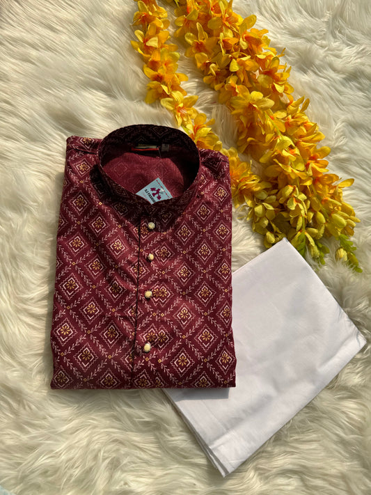 Mens Printed Maroon Kurta With White Pants