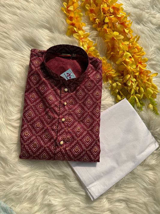 Mens Printed Maroon Kurta With White Pants