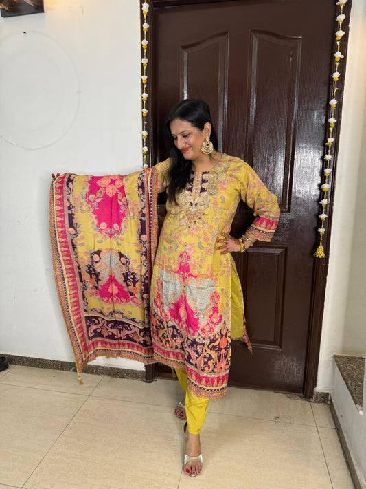 Muslin Silk Digital Printed Suit With All Hand Work