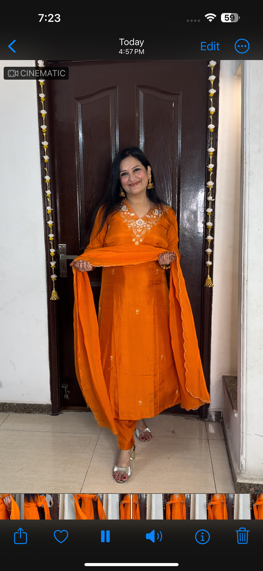 Orange Hand Embroidered Silk Suit With Organza Dupatta