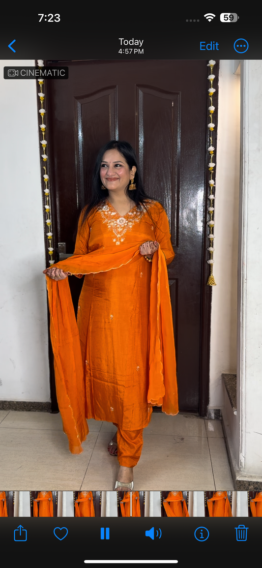 Orange Hand Embroidered Silk Suit With Organza Dupatta