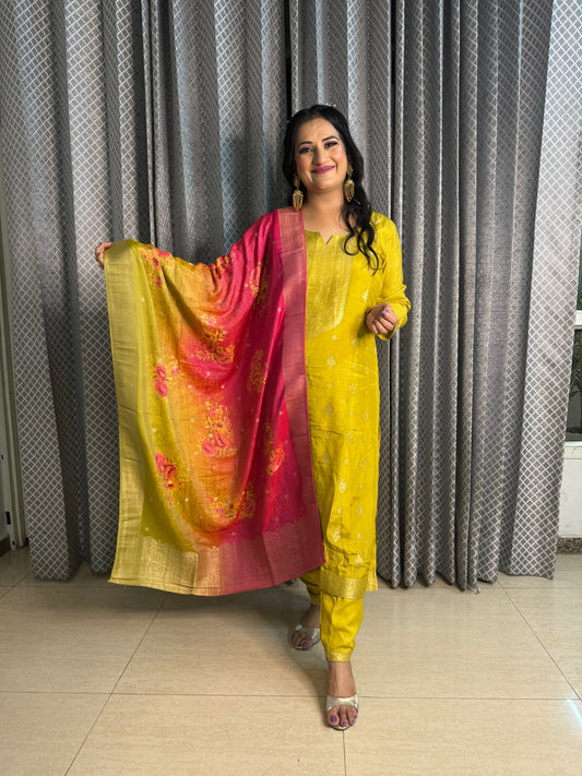 Mustard Silk Suit With Digital Printed Duppatta