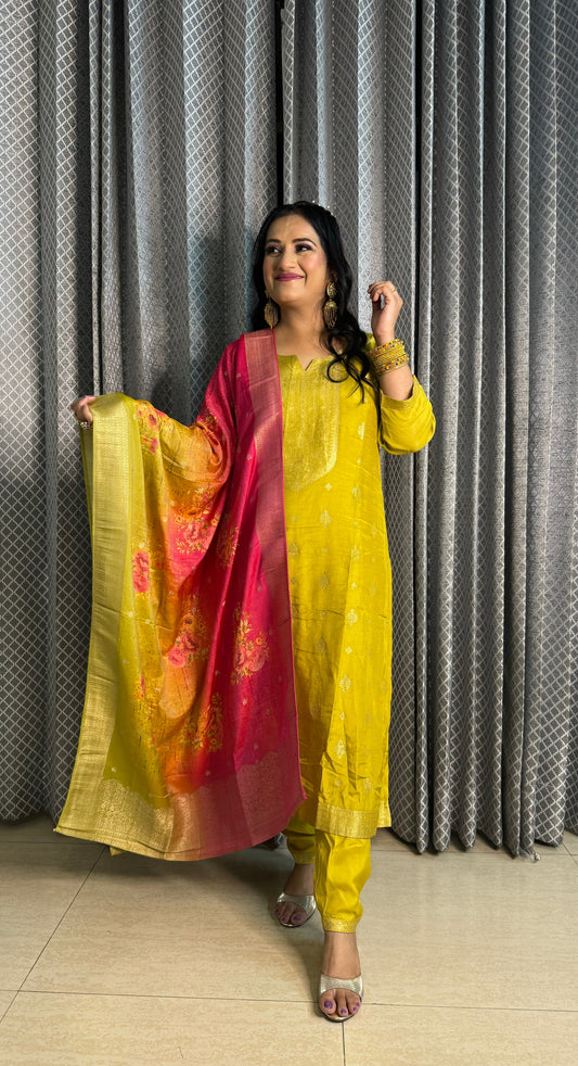 Mustard Silk Suit With Digital Printed Duppatta