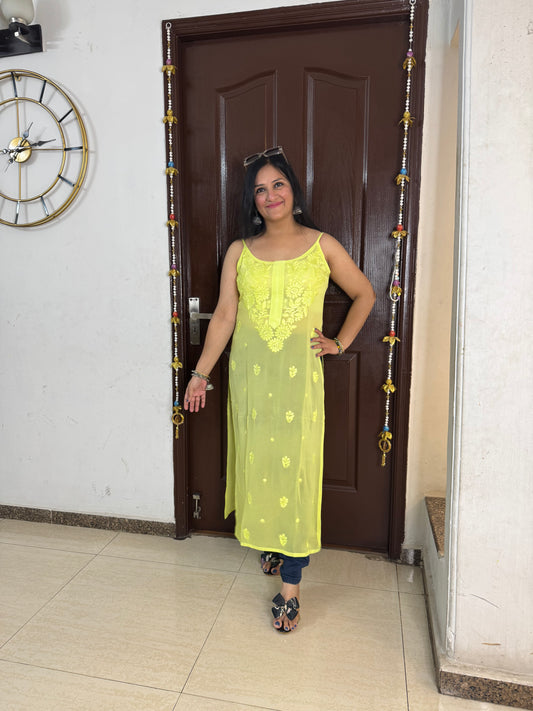 'AURELIA' Lime Yellow Strapy Chikankari Kurti