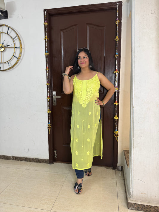 'AURELIA' Lime Yellow Strapy Chikankari Kurti