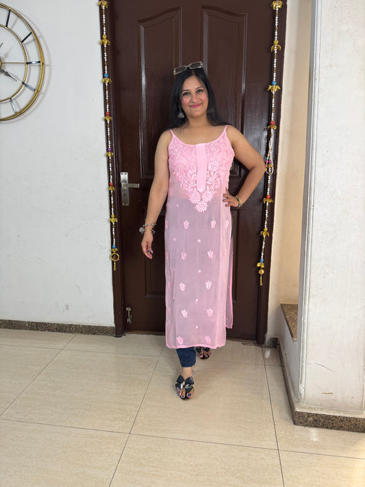 'AURELIA' Baby Pink Strapy Chikankari Kurti