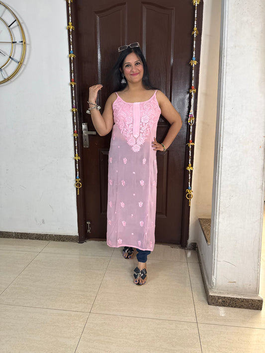 'AURELIA' Baby Pink Strapy Chikankari Kurti