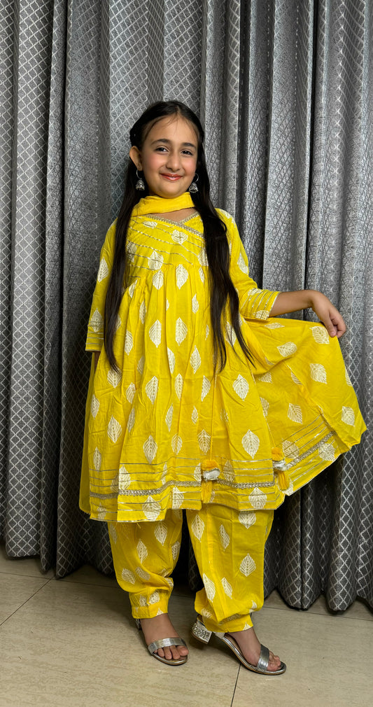 Yellow Kurta With Afgani Salwar And Dupatta