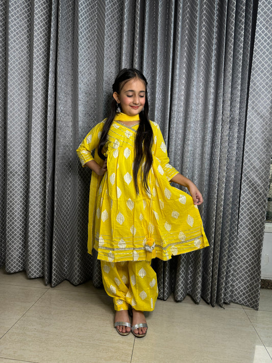 Yellow Kurta With Afgani Salwar And Dupatta