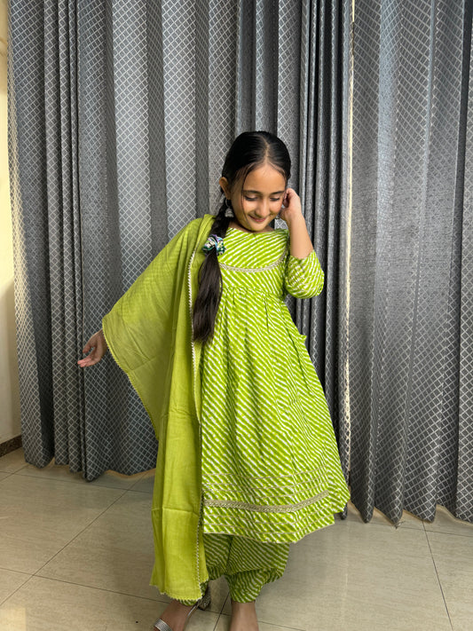 Green Lehriya Kurta WIth Afgani Salwar And Duppatta