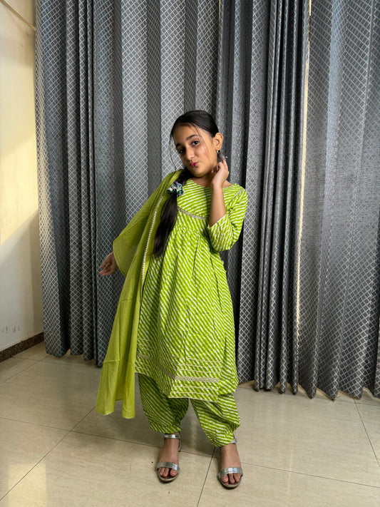 Green Lehriya Kurta WIth Afgani Salwar And Duppatta