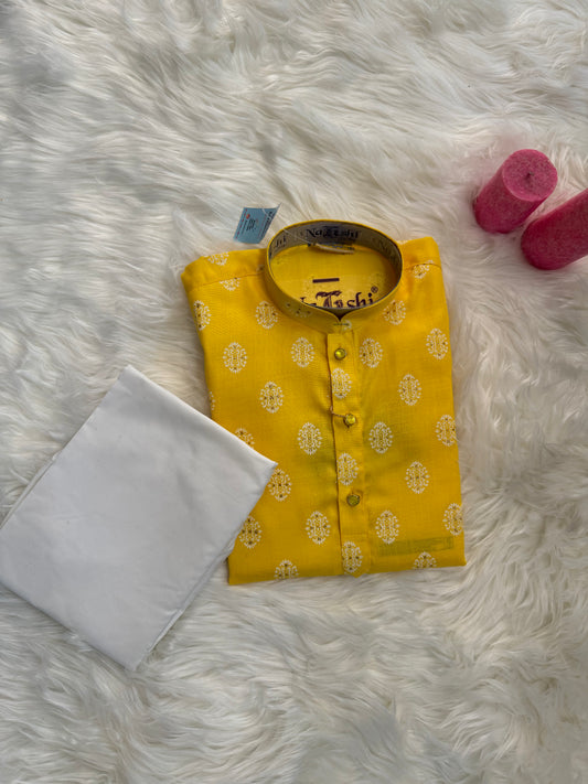 Yellow Kurta Having Small Motifs With White Pants